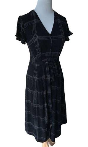 Loft ANN TAYLOR  LADIES STRETCHY VNECK SS BELTED MIDI BLACK PLAID DRESS NWT 00