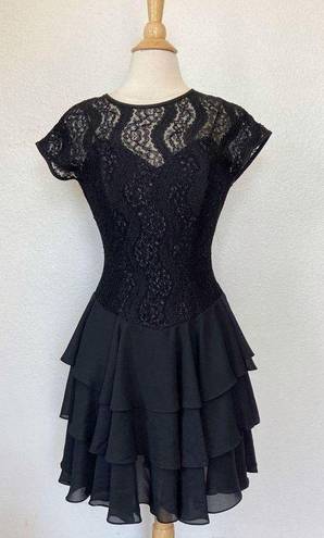 Rhapsody Vintage 80s Solid Black Lace Drop Waist Ruffle Skirt Short Sleeve Cocktail Dress
