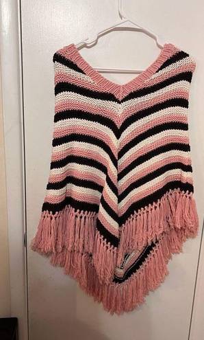 Caslon  Women's Chevron Stripe Knit Fringe Poncho Sweater Multi-Color Size Medium