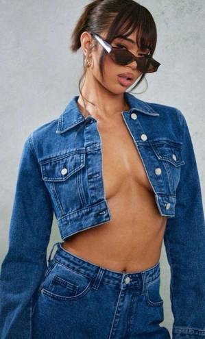 Pretty Little Thing Mid Blue Wash Denim Cuff Detail Cropped Jacket