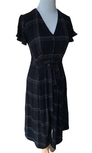 Loft ANN TAYLOR  LADIES STRETCHY VNECK SS BELTED MIDI BLACK PLAID DRESS NWT 00