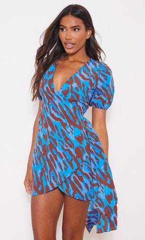 Pretty Little Thing Blue Leopard Print Wrap Drape Shift Dress. Size 2. NWT