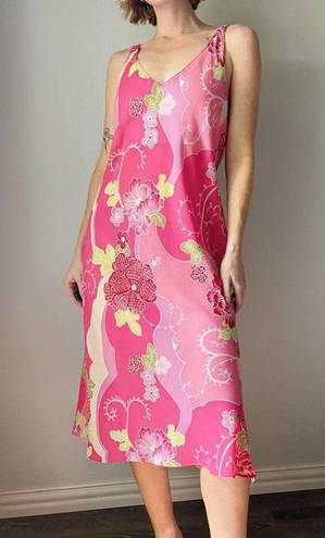 Natori Vintage  Pink Floral Abstract Printed Midi Low Back Slip Dress