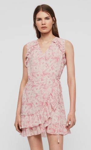 ALLSAINTS Priya Rose Pink Floral Ruffle Wrap Dress