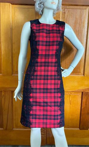 Chetta B Red Black Lumberjack Buffalo Plaid Lace Sheath Dress 2