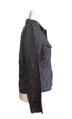 J.Jill  Jacket Top Blue Brown Scroll Linen Silk Blend Lightweight Jacket Size 4