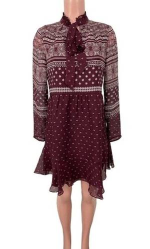 Shoshanna  Braemar Tie-Neck Long-Sleeve Printed Chiffon Silk Boho Dress Size 4