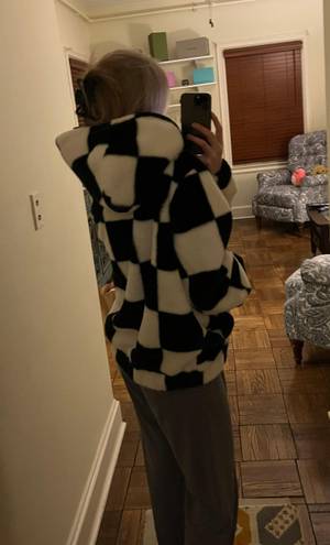 Forever 21 Fuzzy Checkered Bomber Coat 