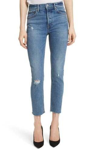 GRLFRND  Karolina High Rise Slim Cropped Jean in Sixpence Distressed Wash