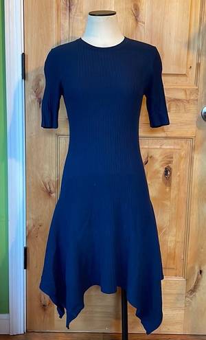 Opening Ceremony Eclipse Delta Marine Navy Short Sleeve Rib Knit Handkerchief Hem Dress $375 EUC S