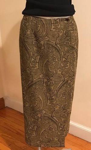 Talbots Maxi Rap Skirt  Tan & Black Brocade Designs Print Vintage SZ 10