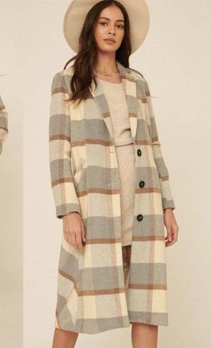 NWT Plaid Long Length Pea Coat Jacket Flannel Preppy Classic Retro Gray Cream XS