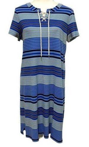 Talbots Shirt Dress Summer Cotton Knit Size Medium Blue Nautical Stripe