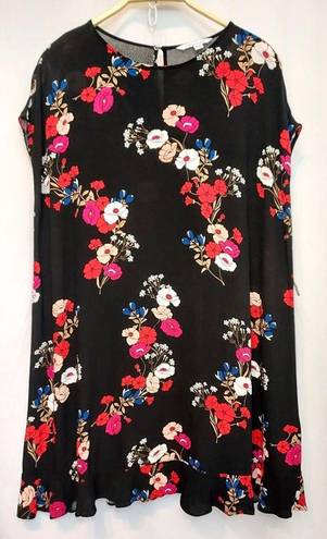 Popsugar  Black Red Pink Multicolor Floral Flowy Tunic Tent Cap Sleeves Dress XXL