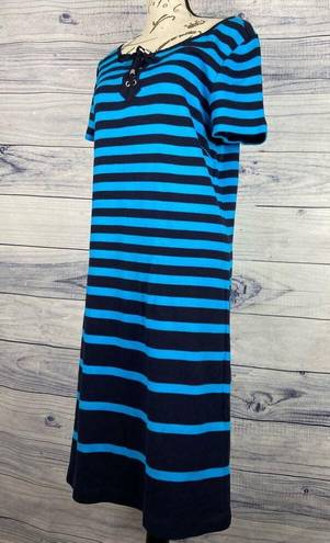 Talbots  Shift Dress Womens M Lace Up Neck Nautical Stripe Blue Sailor Short Slvs