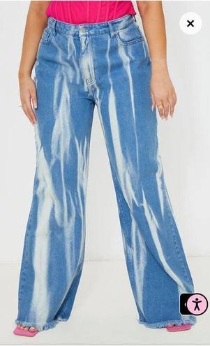 Pretty Little Thing  Women's Mid Blue Wash High Waist Tie Dye Wide Leg Jeans size