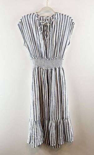 Rails  Ashlyn Rio Striped Cap Sleeve Smocked Tie Neck Midi Dress Blue White XS