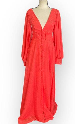 Kimberly  Goldson Lesli Clip Dot Long Sleeve Maxi Dress Women's XS Coral NWT