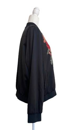 cupio  Floral Embroidered Bomber Jacket Satin Black Womens Size L Full Zip Retro