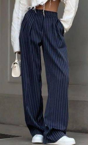 Pinstripe Pleated Wide Leg Dress Pants Navy Color Size L