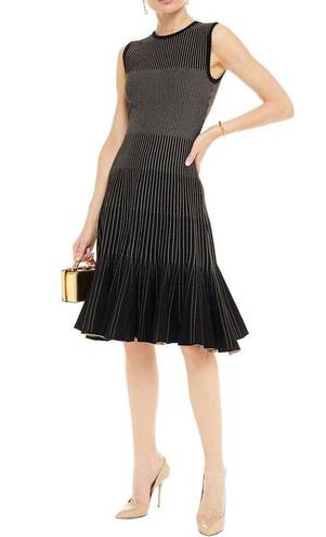 Oscar de la Renta  Black Gold Striped Fluted Jacquard Knit Dress Size Medium NWT