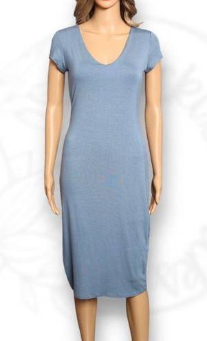 See You Monday  Short Sleeve T-Shirt Midi Dress Slate Blue Bodycon V Neck Size L