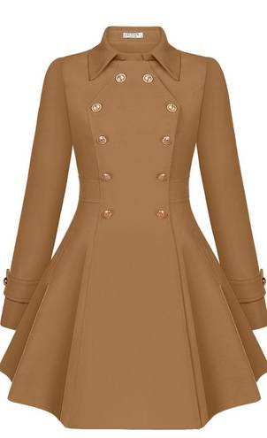 ELESOL Women Tan Wool Coat Pea Coats Double Breasted Thick Dress Coats A Line Size M