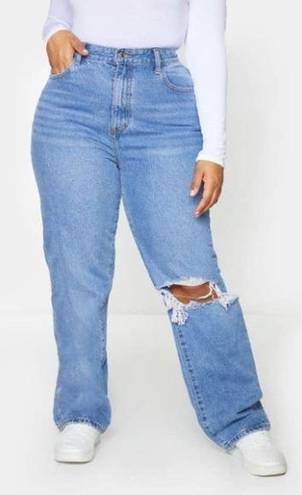 Pretty Little Thing  Plus Open Knee Long Leg Straight Leg Jean Light Blue Wash 14