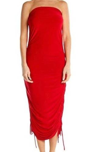 Club L  London Red Strapless Side Ruched Midi Tube Dress