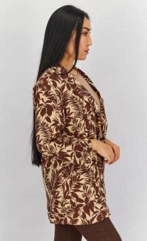 Mango  Women Notch Collar Long Sleeves Tropic Print Linen Blazer, Beige Brown XS