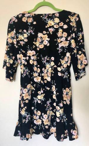 Xhilaration Floral Black Dress With Cinched Waist And V Neck - XS