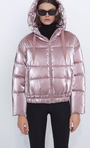 ZARA BLOGGER FAVE Pink Shine Hooded Puffer Jacket