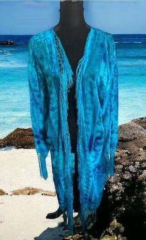 Paris Montana Vintage Salvage Duster Turquoise Blue Burnout Velvet Fringe Silk Size undefined