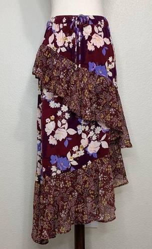 Mossimo Burgundy Floral Ruffle Midi Skirt Size M