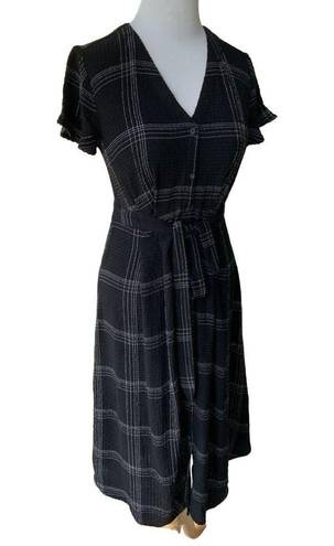 Loft ANN TAYLOR  LADIES STRETCHY VNECK SS BELTED MIDI BLACK PLAID DRESS NWT 00