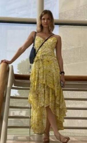 Badgley Mischka  Mixed Print Dress in Yellow 0 Womens Long Gown
