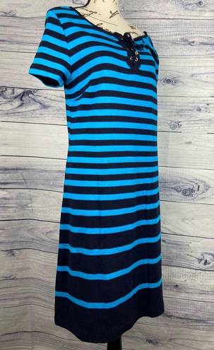 Talbots  Shift Dress Womens M Lace Up Neck Nautical Stripe Blue Sailor Short Slvs