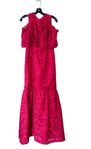 Monique Lhuillier  Lace Sleeveless Ruffled Tiered Maxi Gown Dress Fuschia Sz 8