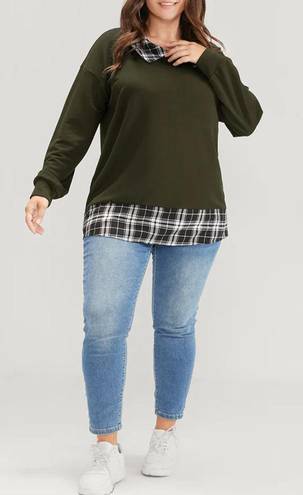 Bloomchic Sweatshirt w/ Plaid Hem and Collar Olive Size 18