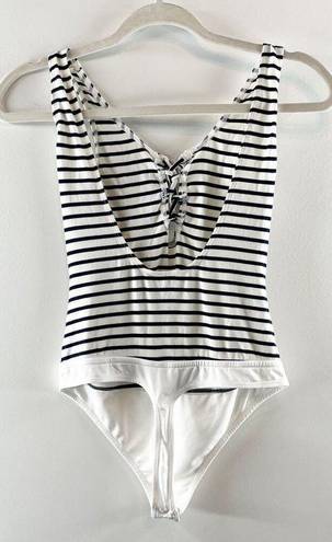 Lovers + Friends  Allie Tank Top Striped Lace Up Bodysuit Navy Blue White Small