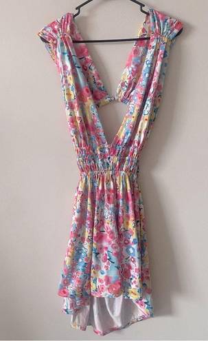 J'Adore Halter Deep V Mini Dress in Blue/Pink Watercolor Floral Size L