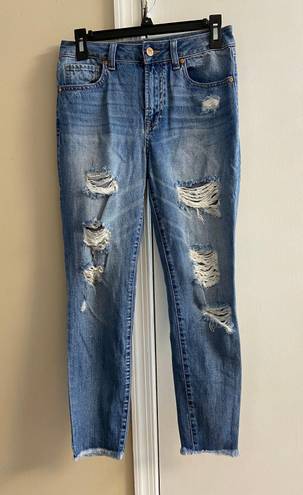 REWASH distressed raw hem high rise skinny light wash jeans, Sz 3/26