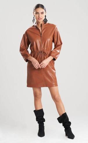 Natori  Vegan Luxe Leather Blouson Dress Brown Womens Size Small