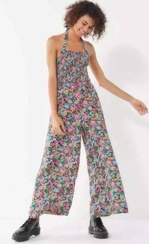 Urban Outfitters UO Lola Bright Colorful Floral Halter Wide Leg Cropped Jumpsuit