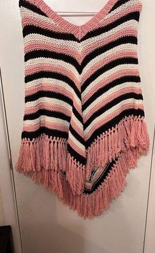 Caslon  Women's Chevron Stripe Knit Fringe Poncho Sweater Multi-Color Size Medium