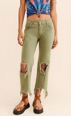 Free People  Maggie Mid-Rise Straight-Leg Ankle Jeans Washed Moss Sage Green 27