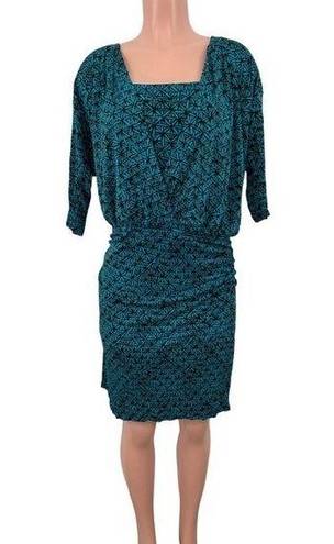 Tracy Reese  Printed Jersey Blouson Dress Size LARGE in Sea Green / Black / Azure