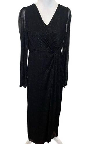 Baltic Born  Devlyn Pleated Midi Dress Black Shimmer V Neck Women’s Size L New