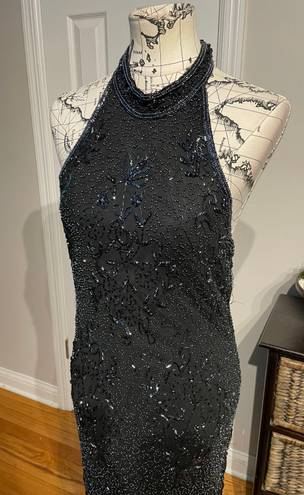 Scala Silk Sequins Vintage Embellished Halter Beaded Open Back