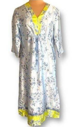 Oscar de la Renta  Pink Label Housedress Robe Reflective Blue Chartreuse Floral